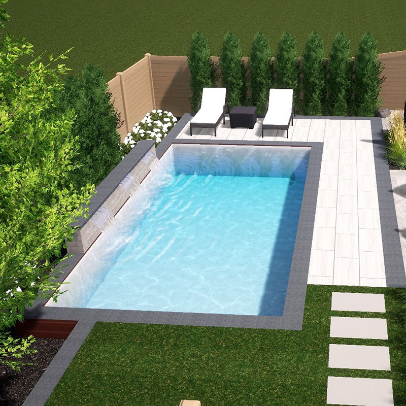 A small backyard features a modern swimming pool, lounge chairs, and a landscaped garden, enclosed by a wooden fence and lush greenery.