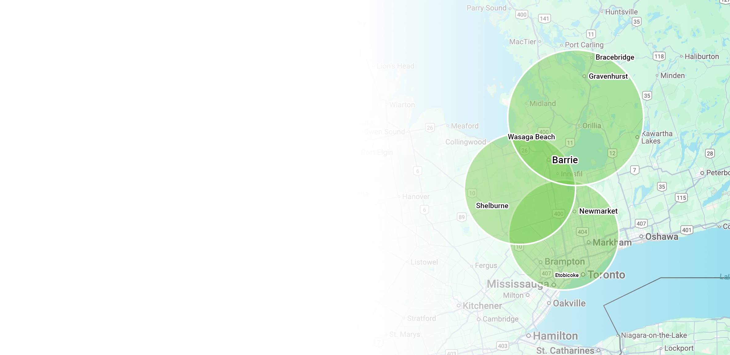 Map showing Southern Ontario, Canada, highlighting Barrie, Toronto, Newmarket, Wasaga Beach, Shelburne, and Gravenhurst. Adjacent to Lake Simcoe and Georgian Bay.