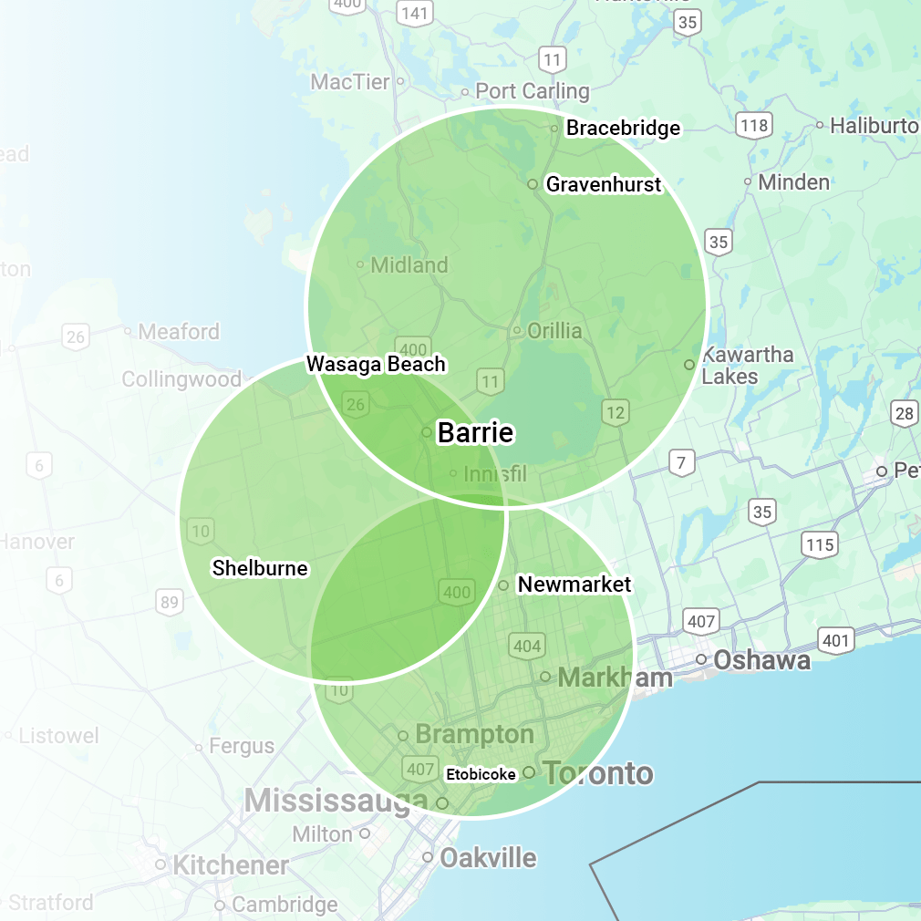 This map shows Barrie, Newmarket, and Shelburne areas north of Toronto, with highlighted green circles and major highways, including 400 and 401.