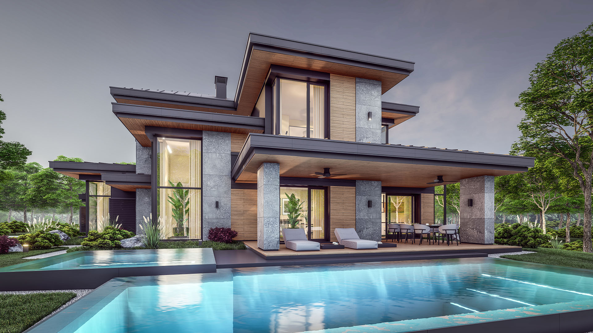 Modern two-story house with glass walls, expansive patio, and swimming pool, surrounded by lush greenery and trees, under a cloudy sky.