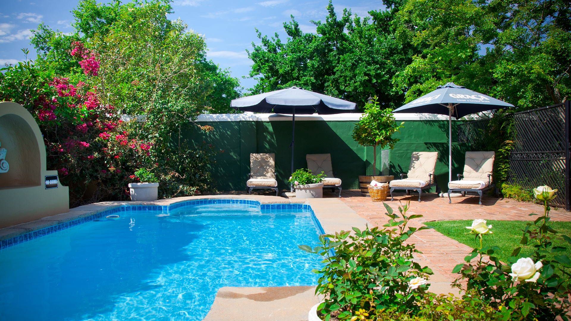 A serene backyard featuring a clear blue pool, surrounded by colorful flowers, green trees, and cushioned lounge chairs under umbrellas.